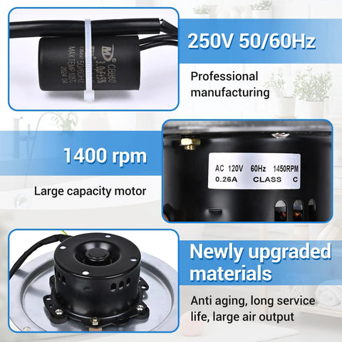 Close-up of Powerful Yet Quiet Bathroom Fan Motor Replacement for QT80 Series, showing 1400 RPM and 120V AC specs