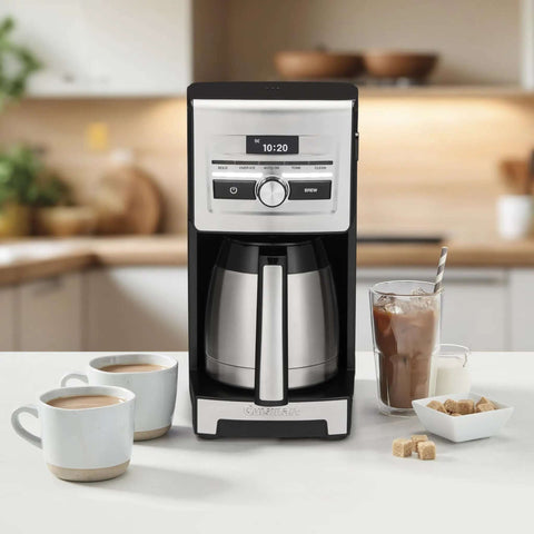 Personal Brew 10 Cup Thermal Coffee Maker Fully Automatic Programmable With No Fuss Hot Or Over Ice Options Brew Strength Control And 52 Ounce Removable Water Reservoir DCC 10 on kitchen counter with cups of coffee.