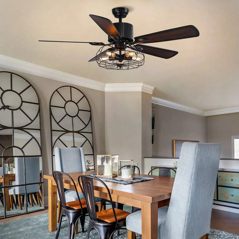 Dope 52 Inch Farmhouse Ceiling Fan With Light And Remote Black Rustic Industrial Ceiling Fan With Caged Light in dining room