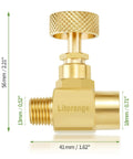 Brass needle valve with knurled adjustment knob; 1/4 in male NPT to 1/4 in female NPT, Litorange branding visible.