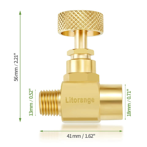 Brass needle valve with knurled adjustment knob; 1/4 in male NPT to 1/4 in female NPT, Litorange branding visible.