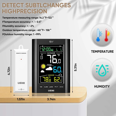 Front view of a Wireless Indoor Outdoor Weather Station With Thermometer And Humidity Monitor, black, with range sensor
