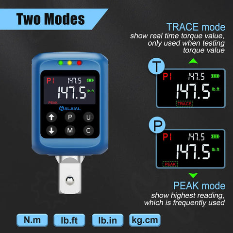 Digital Torque Adapter For Half Inch Drive Turns Your Torque Wrench Into A Precision Tool With Peak And Trace Modes Four Units Nm Lb Ft Lb In Kg Cm 2.2 To 147.5 Ft-Lb 3 To 200 Nm About Two Percent Accuracy Buzzer And LED Indicator Includes 3/8 And 1/4, displaying Peak and Trace modes.