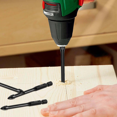 Tile drill bit set with 1/4 inch hex shank, 6 mm masonry bits; drill in use with two bits on wood.