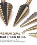 Close-up of Titanium High Speed Steel Step Drill Bit Set with five step bits, replacing fifty traditional bits for metalworking.