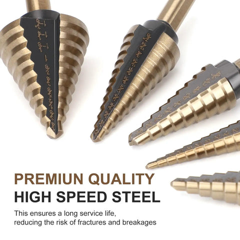 Close-up of Titanium High Speed Steel Step Drill Bit Set with five step bits, replacing fifty traditional bits for metalworking.