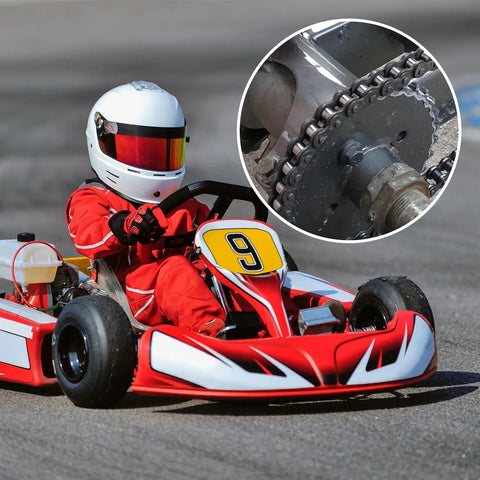 Go-kart on track with close-up of chain and Heavy Duty Steel Alloy Chain Master Link Connectors 35 for bike mini bike kart ATV scooter.