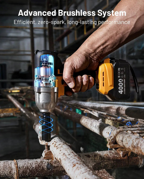 Half Inch Cordless Impact Wrench With Brushless Motor 1032 Foot Pounds Beefy Torque 1400 Newton Meters in use on metal pipe