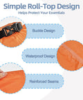 Close-up of orange waterproof pouch with buckle, seams, part of Six Pack Wet Dry Bags Set For Beach And Travel Waterproof Pouches With Roll Top Closure Multiple Sizes Sandproof Dry Bags For Swimming Gear Phone And Towel Essentials Lightweight Durable.