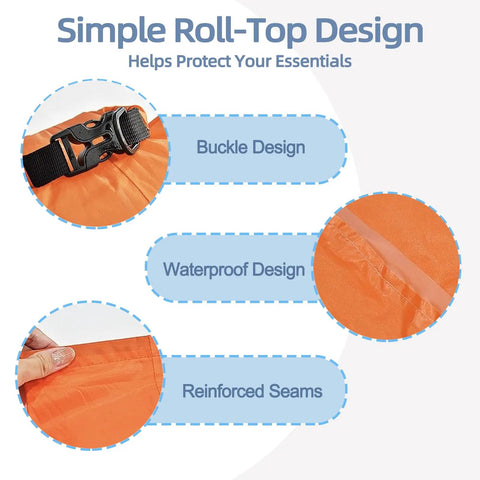 Close-up of orange waterproof pouch with buckle, seams, part of Six Pack Wet Dry Bags Set For Beach And Travel Waterproof Pouches With Roll Top Closure Multiple Sizes Sandproof Dry Bags For Swimming Gear Phone And Towel Essentials Lightweight Durable.