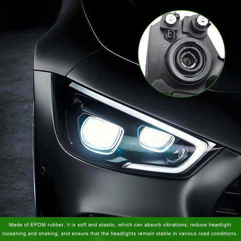 Close-up of car headlights and zoom on headlight dust cap from Headlight Dust Caps 2 Pack Waterproof Sealing Covers For H4 LED Headlights.