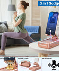 Two In One Phone Stand And Bluetooth Speaker With Built In Microphone Hands Free Desk Mount Rose Gold in use