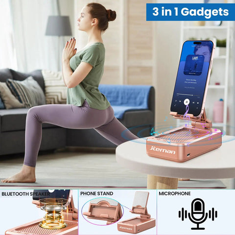 Two In One Phone Stand And Bluetooth Speaker With Built In Microphone Hands Free Desk Mount Rose Gold in use