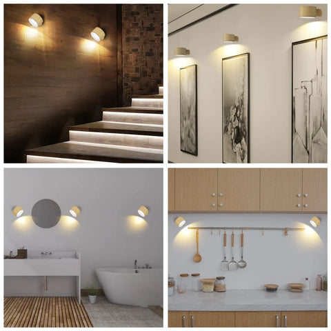 Wall Sconce LED Battery Powered Light With Rechargeable 360 Degree Rotating Magnetic Ball installed in various rooms.