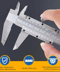 6 Inch Vernier Caliper With Dual Inch And Metric Scale, Stainless Steel Manual Caliper For Precise Measurements, held in hand