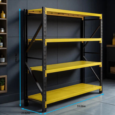 Heavy Duty Industrial Steel Storage Shelves Four Tier Warehouse Rack Real Bad Boy For Storing All Your Gear With 2600 Pound Per Shelf Load Rating Fully Flexible Setup For Garage Or Shop Grind In Yellow And Black