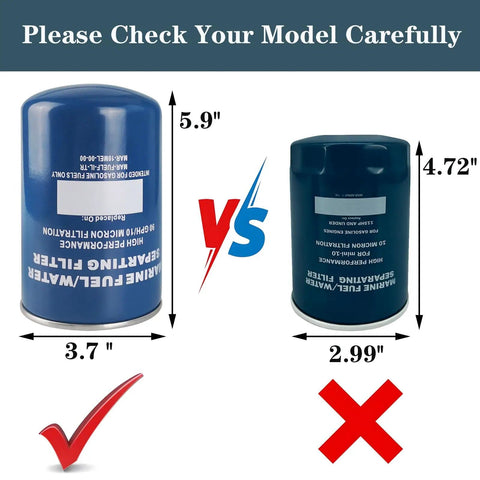 Comparison of marine fuel water separator filters with measurements, featuring Water Separator Filter 10 Micron For Yamaha MAR-FUELF-IL-TR Sierra 18-7866.