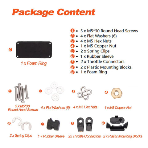 Beefed Up Outboard Engine Remote Control Box components - screws, washers, nut, clips, connectors, mounting blocks, foam ring.