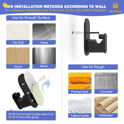 No Drill Curtain Rod For Windows 18 To 45 Inches Small Black Five Eighths Inch Adjustable Drapery Rod With Adhesive Brackets installation methods illustration