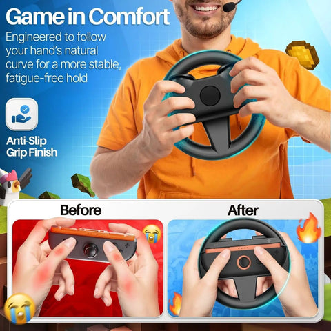 Switch 2 Steering Wheel Racing Accessory Kit For Mario Kart And Racing Games, ergonomic black grip attached to Joy-Con.