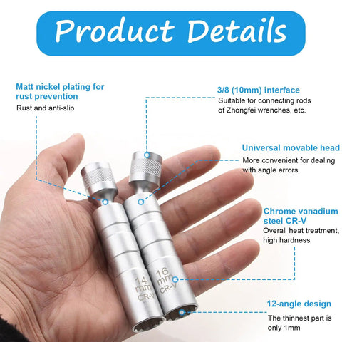 Hand holding Must Have Pro Grade 14mm and 16mm Spark Plug Socket Set with Thin Walled Magnetic Sockets, chrome vanadium material.