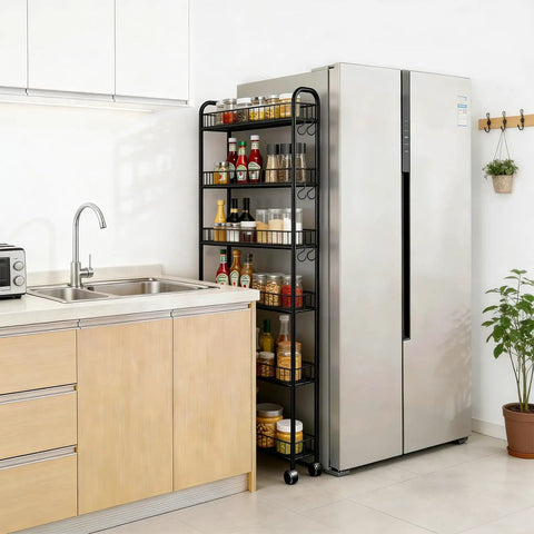 Space Saving 6 Inch Slim Rolling Storage Cart With Wheels, 6 Tier Narrow Space Metal Wire Shelving Unit Between Kitchen Appliances