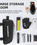 Ride Ready Front Frame Bag for Bikes with Large Capacity Main Compartment holding phone, tools, and gloves, black color, top view