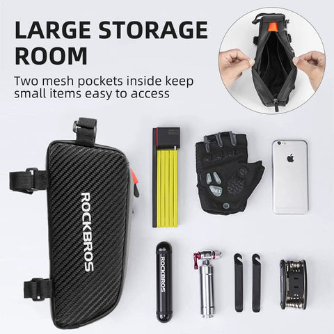 Ride Ready Front Frame Bag for Bikes with Large Capacity Main Compartment holding phone, tools, and gloves, black color, top view