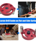 Heavy Duty Woodworking Dowel Jig Drill Guide With Vertical Pocket Hole Locating System Featuring Rock Solid Aluminum Build and Full Metric Bushing Set For Dead On Alignment Every Single Project, shown on flat and side surfaces.