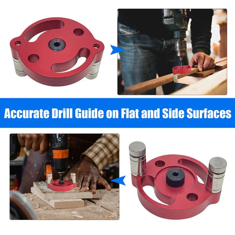 Heavy Duty Woodworking Dowel Jig Drill Guide With Vertical Pocket Hole Locating System Featuring Rock Solid Aluminum Build and Full Metric Bushing Set For Dead On Alignment Every Single Project, shown on flat and side surfaces.