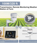 Weather Station Kit With 7.5 Inch IoT Display Console showing outdoor sensor array and console in farm setup