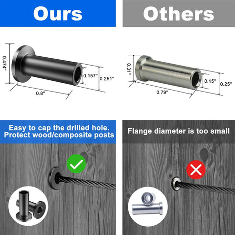 Comparison of black stainless steel protector sleeves vs others for one eighth inch cable railing 120 pack.