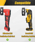 Two cordless oscillating multi-tools with square-slot cutters; red Milwaukee M18 and yellow DeWalt 20V.