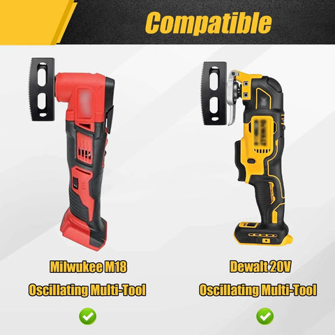 Two cordless oscillating multi-tools with square-slot cutters; red Milwaukee M18 and yellow DeWalt 20V.