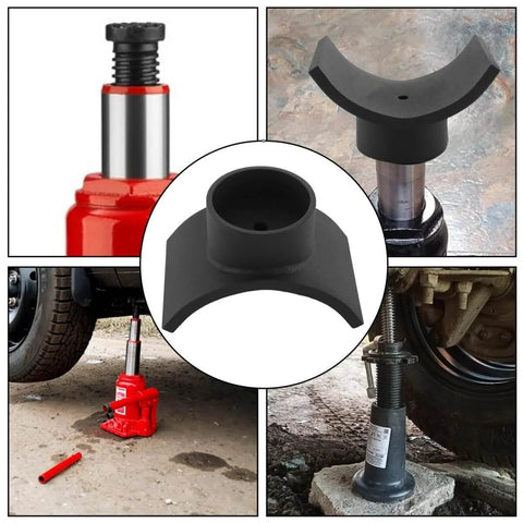 Heavy Duty Bottle Jack Axle Adapter Lifting Saddle For 4 Inch Axle Tube, 20 Ton Jack Adapter Cradle in use, iron construction.
