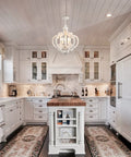 Farmhouse 5 Light French Country Wood Chandelier For Dining Room And Kitchen Island in rustic kitchen setting
