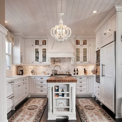 Farmhouse 5 Light French Country Wood Chandelier For Dining Room And Kitchen Island in rustic kitchen setting