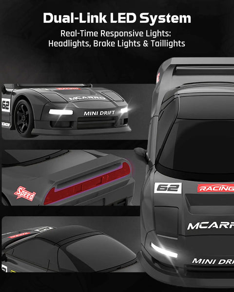 Close-up of LED headlights, brake lights, and taillights on 1 To 64 Scale Mini RC Drift Car With LED Lights, Micro 4WD Desktop Remote Control