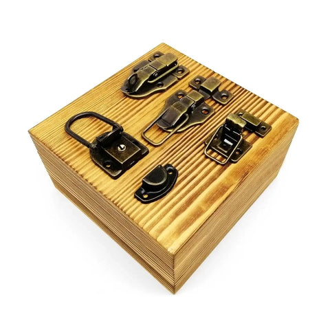 Wooden surface showing various Two Pack Metal Toggle Hasp Latches Hardware With Screws Heavy Duty Iron Locking Clasps for Tool Boxes and DIY use.