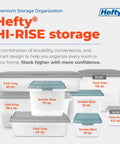 Hefty HI-RISE storage bins in various sizes, including 98.5 qt and 63 qt, for home organization in cool gray and smoke blue.