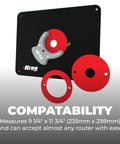 Heavy Duty Phenolic Router Table Insert Plate Fits Triton MOF001 And TRA001 Routers With Slick Level Loc Rings And Predrilled Mounting Holes For A Bullseye Fit And No Sweat Setup On Your Favorite Workbench, showing compatibility and sizes.