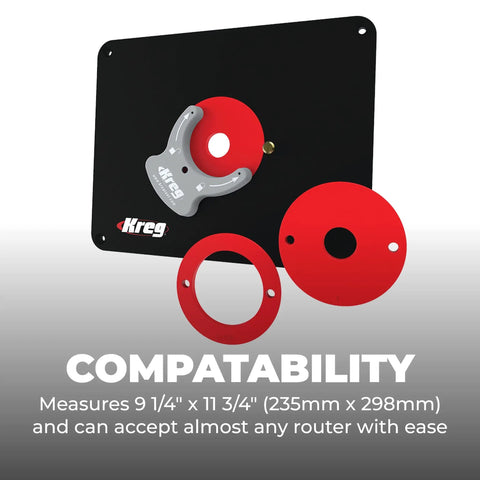 Heavy Duty Phenolic Router Table Insert Plate Fits Triton MOF001 And TRA001 Routers With Slick Level Loc Rings And Predrilled Mounting Holes For A Bullseye Fit And No Sweat Setup On Your Favorite Workbench, showing compatibility and sizes.