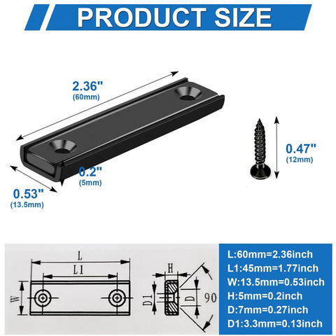 Heavy Duty Neodymium Bar Magnets With Screw Holes Six Pack 80 Lbs Capacity For Cabinets And Metal Shelves, Super Strong Magnetic Hold For DIY Projects, Long Lasting Powerful Cabinet Magnets. 60mm black bar magnet with screws