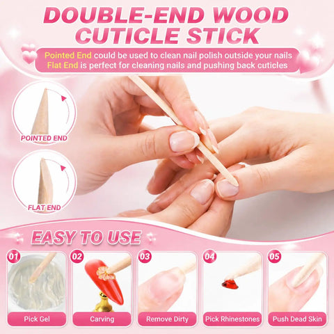 Using wood cuticle stick from 20 Piece Disposable Press On Nail Prep Kit With Files And Buffers Nail Glue And Remover Adhesive.