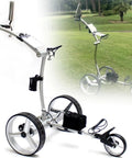 Lightweight Folding Electric Three Wheel Golf Cart With Silent Dual Motors That Grinds Through Slopes And Hauls Your Club Gear Hassle Free Without Breaking A Sweat on grass.