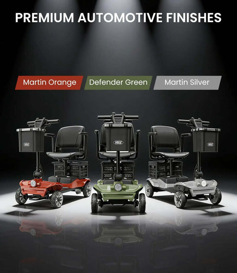 Go-To Long Range Folding Mobility Scooter For Seniors And Adults, 28.5 Mile Electric Power Ride, different color options displayed