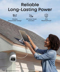 Woman installing 3W solar panel for Wireless Solar Outdoor Security Camera With 2K HD Video And 360 Pan Tilt AI Auto Tracking.