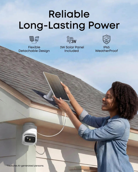 Woman installing 3W solar panel for Wireless Solar Outdoor Security Camera With 2K HD Video And 360 Pan Tilt AI Auto Tracking.