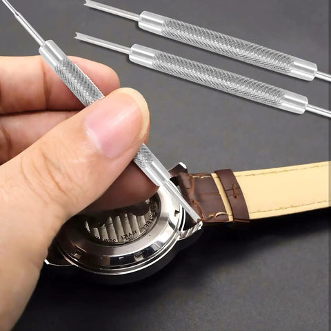 Pro Grade Watch Strap Spring Bar Tools Set, Three Piece Double Tip Pins in use on watch strap, high precision alloy steel