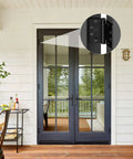 3 Pack Self-Closing Door Hinges, 4.5 Inch Spring Hinges With Adjustable Tension, installed on black double exterior doors with glass panels.